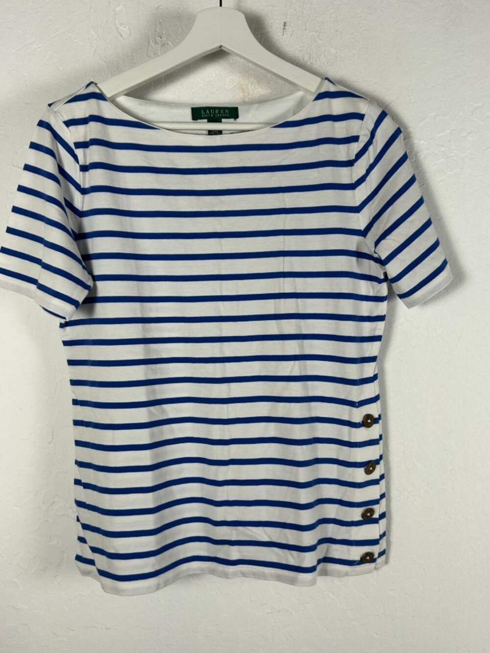 Lauren Ralph Lauren Womens Preppy Boat Neck Side-Button Striped Top Medium Blue